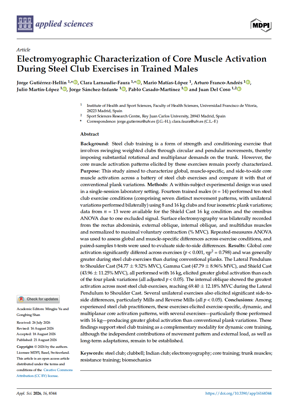 Primera página de nuestro estudio sobre activación del core con steel clubs, publicado en Applied Sciences
