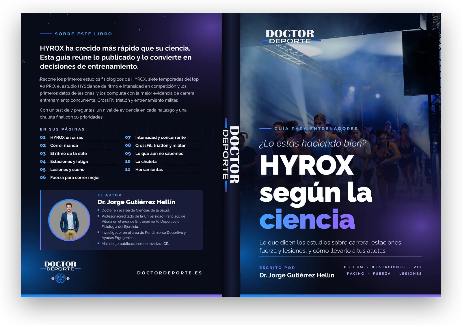 Mockup del libro abierto con el índice y la presentación de HYROX según la ciencia